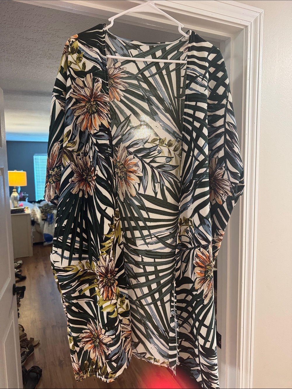 Tropical Floral Black & White Kimono Cover-Up